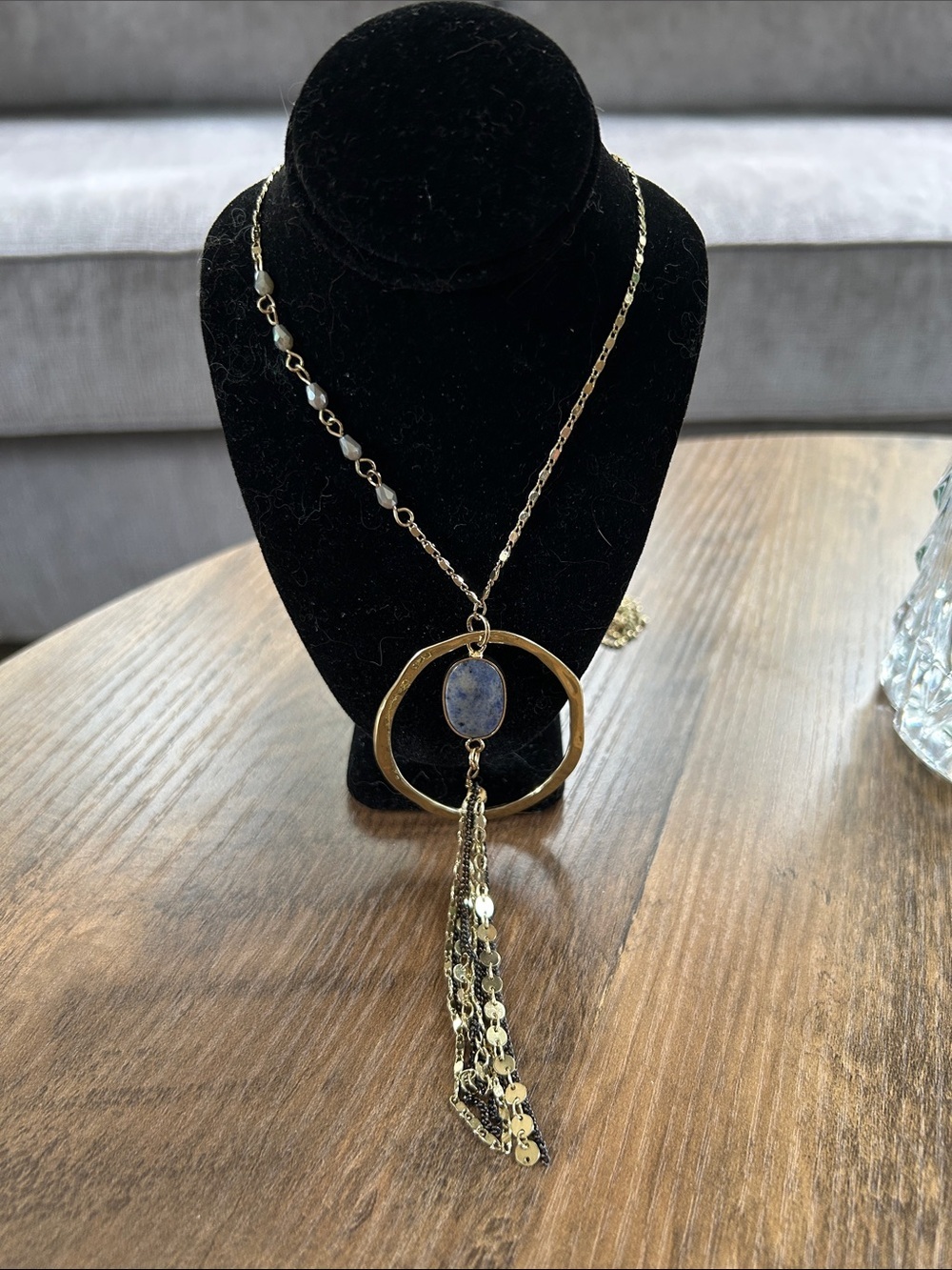 Gold-Tone Blue Stone Circle Tassel Necklace